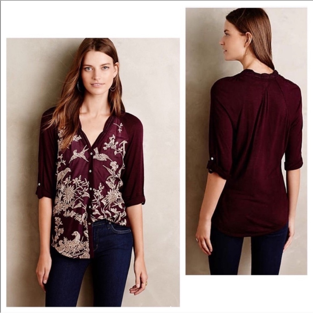 Anthropologie Tiny Burgundy Embroidered Birds Plants Button Down Top Size Small